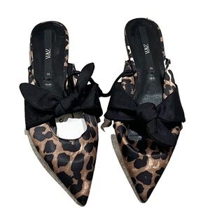NWT Zara satin Animal Print Pointy Toe Slip On Mules Flats Bow Accent Black